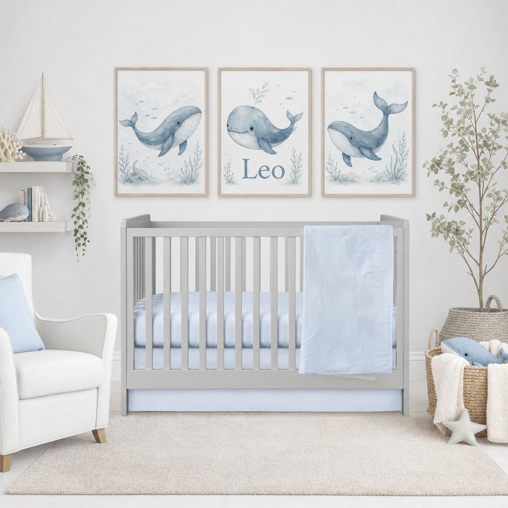 A styled nursery scene with a light gray wooden crib, pale blue bedding, and three framed whale prints above the crib. The prints include the name Leo and are shown in a real room setting with a chair, shelf, basket, and plant.

Baby Boy Crib Bedding Light Blue - The Creative Raccoon 