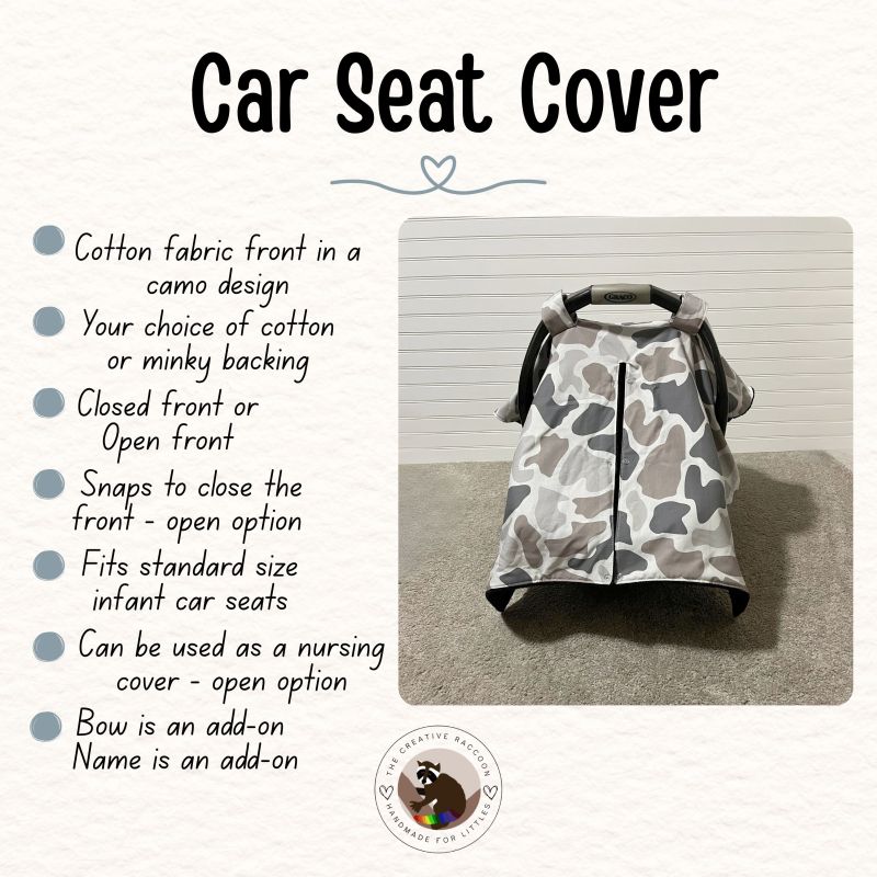 A car seat cover with a gray, white, and beige camouflage pattern, displayed on a baby car seat. The image includes a text list of features on the left and a logo at the bottom, all on a light beige textured background. Baby Car Seat Canopy Cover Camo - The Creative Raccoon