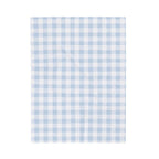 A folded minky baby blanket featuring a light blue and white gingham check pattern on one side and a solid white plush backing on the other, shown on a clean white background.
