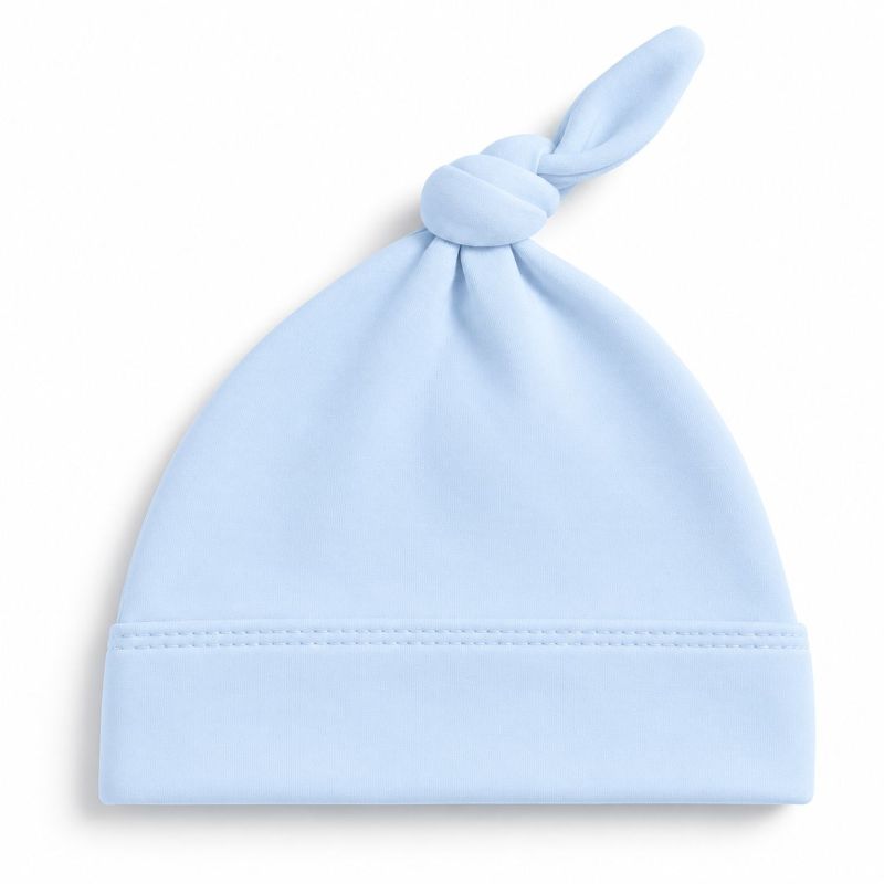 A light blue baby beanie hat with a knotted top and a folded cuff featuring a subtle dotted stitch detail, shown on a clean white background.