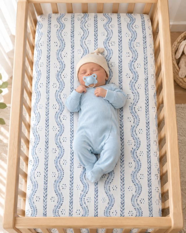 A baby wearing a light blue footed sleeper and a cream knit hat is lying on a blue and white patterned mattress inside a wooden crib. Blue & White Crib Sheets - The Creative Raccoon - Andrew Stripes