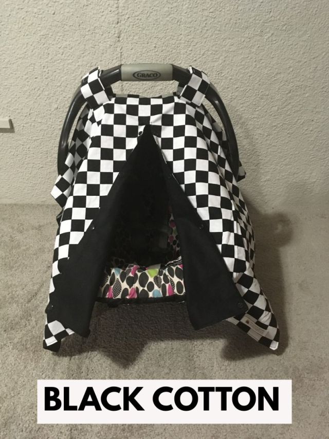 Black and white checkered car seat cover with black cotton backing in the opening option. Car Seat Canopy Checkered - The Creative Raccoon