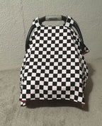 Black and white checkered car seat cover in the no opening option. Car Seat Canopy Checkered - The Creative Raccoon