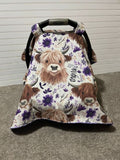 Car seat cover with highland cow design on a neutral background. Car Seat Canopy Highland Cows - The Creative Raccoon