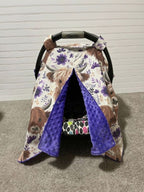 Car seat cover with floral and animal pattern on a plain background. Car Seat Canopy Highland Cows - The Creative Raccoon