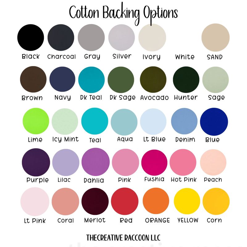 Color swatches for cotton backing options with labels from The Creative Raccoon LLC.