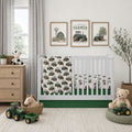 A styled nursery scene with a white crib dressed in a green tractor-print bedding set, surrounded by farm-themed toys and framed wall art.
Crib Bedding Set Boy, Farm Themed Nursery Decor - The Creative Raccoon