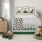A styled nursery scene with a white crib dressed in a green tractor-print bedding set, surrounded by farm-themed toys and framed wall art.
Crib Bedding Set Boy, Farm Themed Nursery Decor - The Creative Raccoon