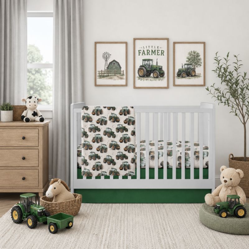 A styled nursery scene with a white crib dressed in a green tractor-print bedding set, surrounded by farm-themed toys and framed wall art.
Crib Bedding Set Boy, Farm Themed Nursery Decor - The Creative Raccoon