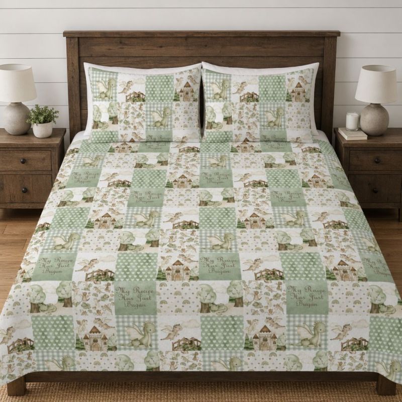 A patchwork quilted bedding set with matching pillowcases, featuring a rustic green and cream design with houses, trees. Dragon Quilt Blanket Queen Size - The Creative Raccoon