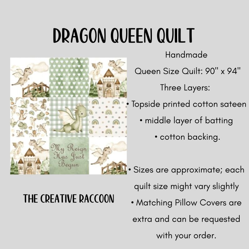 A product information graphic for a Dragon Queen quilt by The Creative Raccoon. It features a 3x3 patchwork preview of the quilt layers on the left, showing designs of castles, dragons, and clouds in soft pastel colors. Dragon Quilt Blanket Queen Size info. - The Creative Raccoon