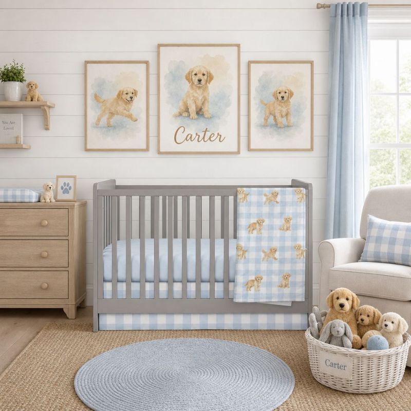 Golden Retriever Crib Bedding, Blue Gingham - The Creative Raccoon