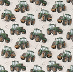 A repeating pattern of green tractors with brown and black wheels, printed on a light beige background with faint diagonal watermark text.
Green tractors with cream background - The Creative Raccoon