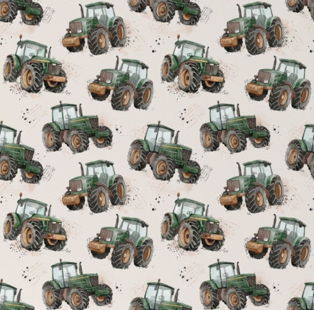 A repeating pattern of green tractors with brown and black wheels, printed on a light beige background with faint diagonal watermark text.
Green tractors with cream background - The Creative Raccoon