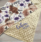 Blanket with Highland cow design and floral patterns, featuring the name 'Caleia Rose'. Highland Cow Baby Blanket - The Creative Raccoon