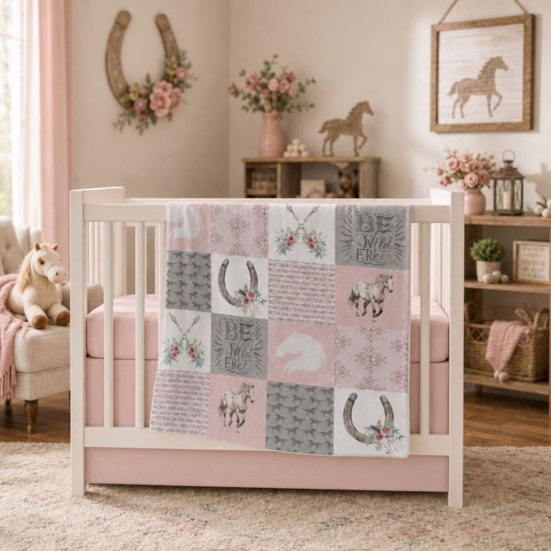 Nursery room with a crib and decorative blanket featuring horses and floral patterns.
Horse Crib Bedding, Minky Baby Blanket - The Creative Raccoon