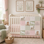 Children's nursery with crib, bedding, and decor elements.
Horse Crib Bedding, Minky Blanket - The Creative Raccoon