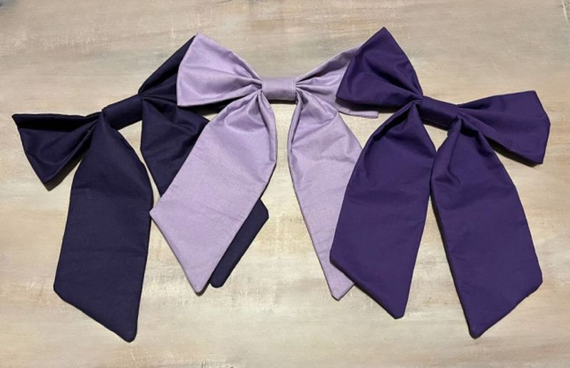 Three fabric bow accessories in dark purple, light lavender, and purple, arranged side-by-side on a light wood background.
Large Personalized Bow, Accessory - The Creative Raccoon