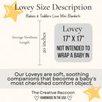 Description of a lovey size for babies and toddlers, including dimensions and branding information. Lovey Blanket Description - The Creative Raccoon