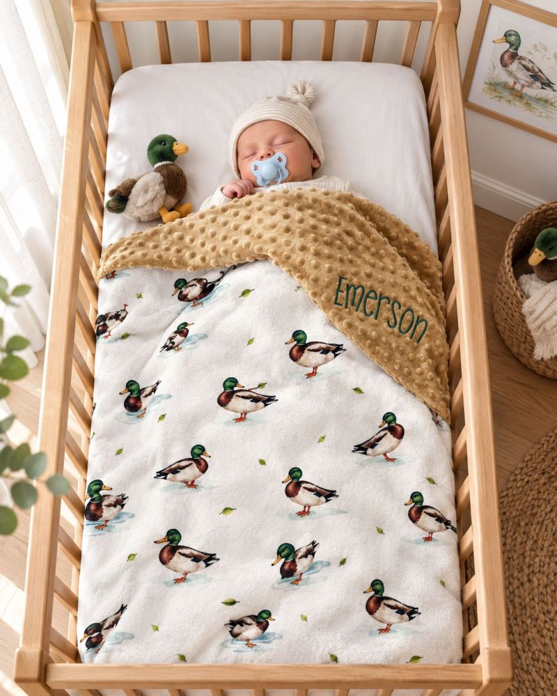 A baby sleeping in a wooden crib, covered with a white blanket printed with mallards and a tan textured throw blanket that has the name 'Emerson' embroidered on it. Mallard Duck Baby Blanket - The Creative Racoon