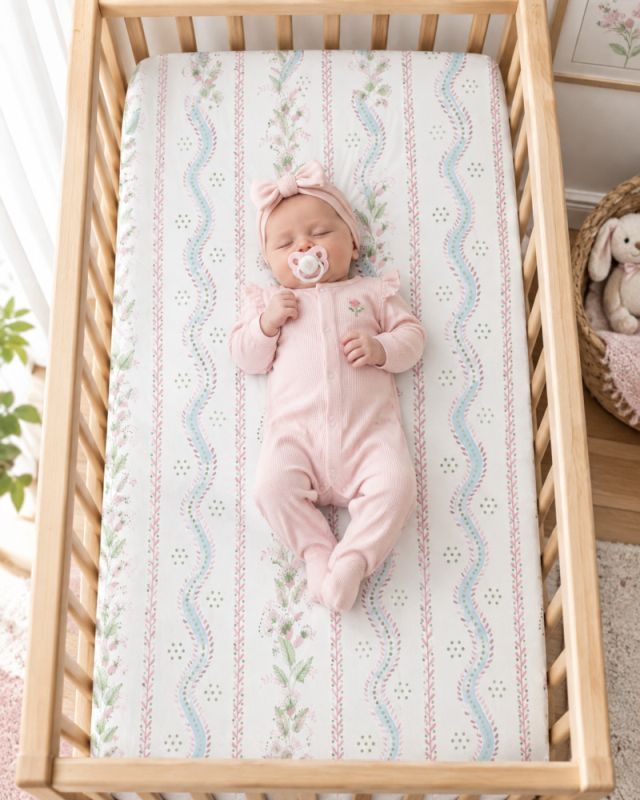 A newborn baby wearing a pink footed onesie and matching bow headband lies on a patterned baby mattress inside a wooden crib. The mattress has a white background with vertical pink and blue wavy stripes and small green floral motifs. Pink & Blue Crib Sheets - The Creative Raccoon - Emma Stripes & Vines