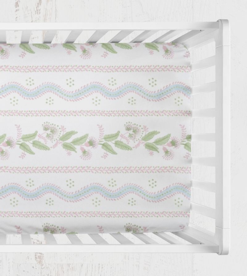 Pink & Blue Floral Stripe Crib Sheet, Girl Nursery Bedding - The Creative Raccoon