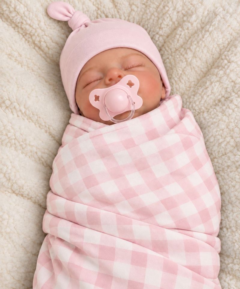 Baby wearing a solid light pink knot hat and wrapped in a light pink and white checkered swaddle