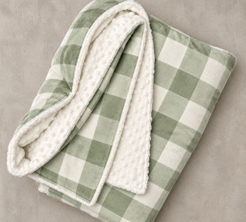 Sage green and creamy white checkered minky blanket with white raised-dot backing