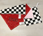 Checkered lovey mini blanket with 'Enzo' embroidery on the red minky back side & paci blanket with elastic loop for a pacifier on a neutral background. 
Softest Minky Security Lovey - The Creative Raccoon