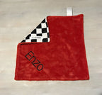 Lovey blanket shown with red minky backing, satin ribbon loop, checkered top, embroidered with "Enzo". 
Softest Minky Security Lovey - The Creative Raccoon