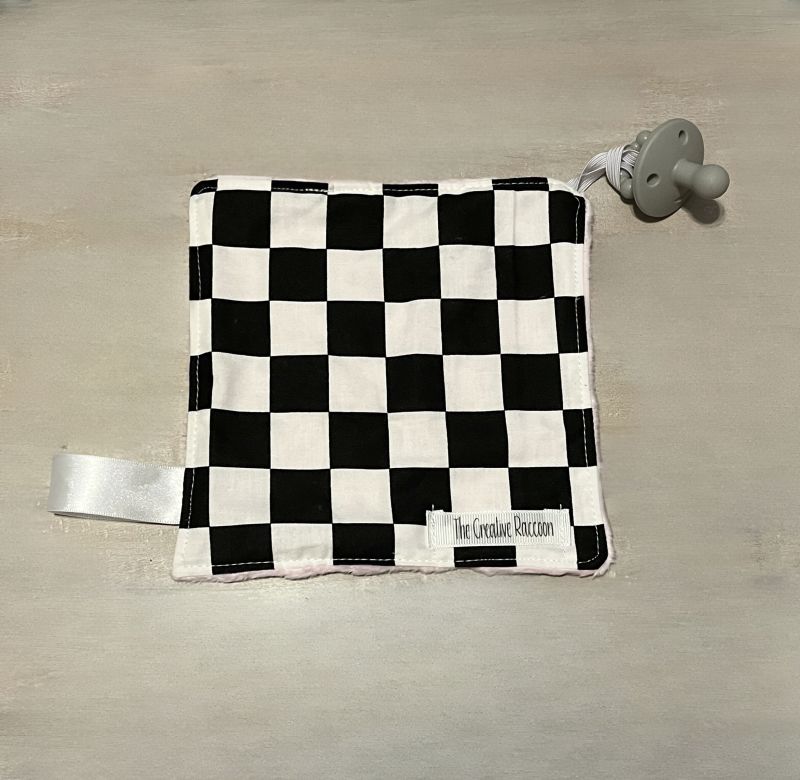 Checkered paci blanket with satin ribbon loop and elastic loop for a pacifier. 
Softest Minky Security Lovey - The Creative Raccoon