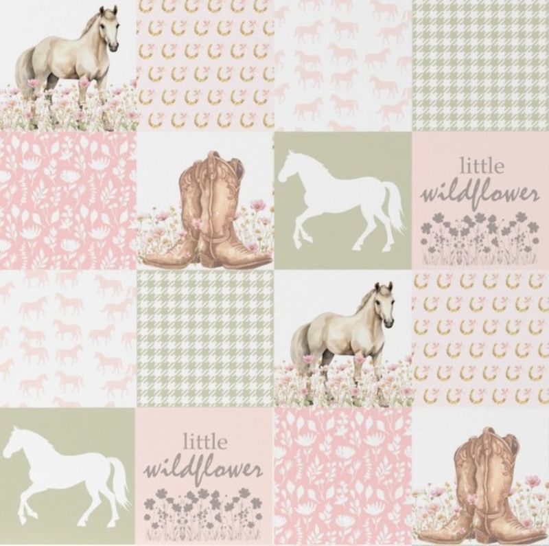 Patchwork pattern with horses, boots, and floral elements on a pink background.
Wildflower Horse Baby Blanket - The Creative Raccoon