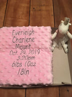 Pink blanket with baby birth details on a wooden floor with a unicorn toy. - the creative raccoon