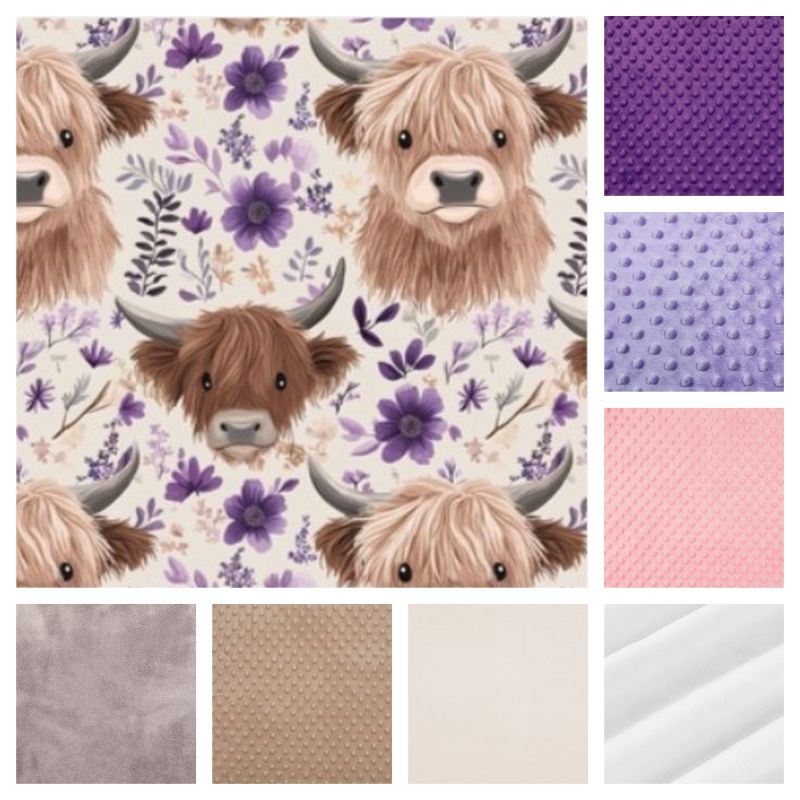 minky for highland cow floral products, banket and car seat canopy. 'purple', 'lilac', 'light pink', 'white', 'ivory', 'tan', 'gray'.  fluffy cow minky - the creative raccoon