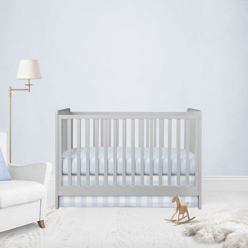 light blue gingham crib skirt & light blue crib sheet - the creative raccoon