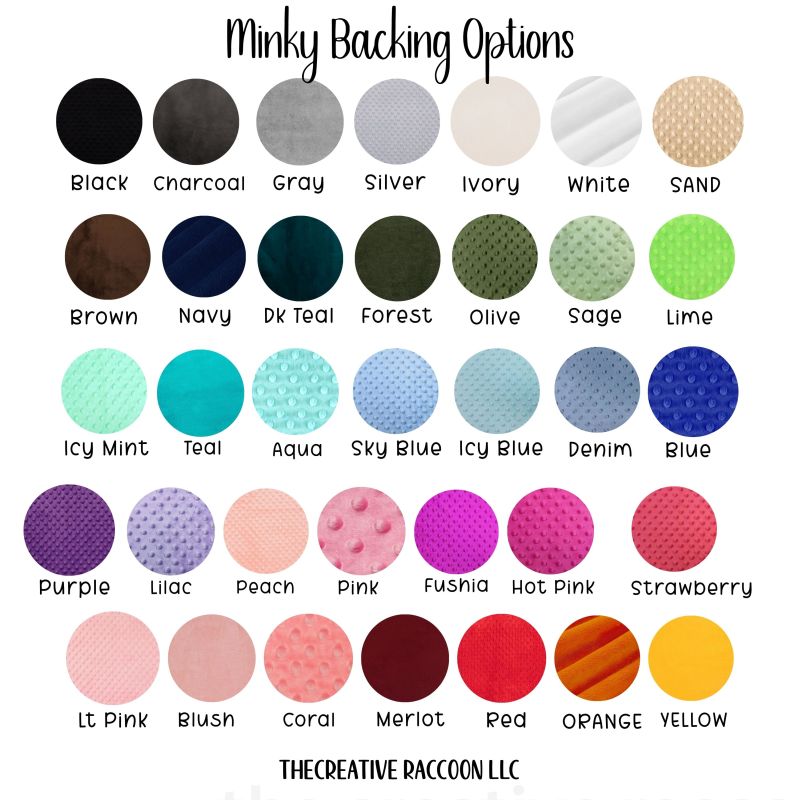 Color swatches for minky backing options with labels from The Creative Raccoon LLC.