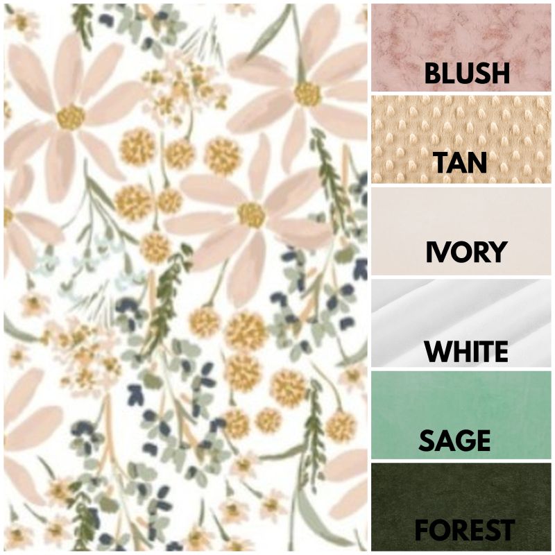 Floral pattern with color swatches labeled 'Blush', 'Tan', 'Ivory', 'White', 'Sage', and 'Forest'. minky colors for daisy themed products - the creative raccoon