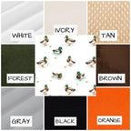 minky options for mallard duck products. Fabric swatches with labels for white, ivory, tan, forest, brown, gray, black, and orange.