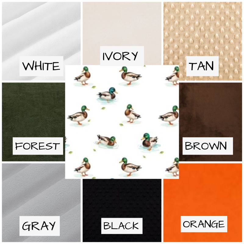 minky options for mallard duck products. Fabric swatches with labels for white, ivory, tan, forest, brown, gray, black, and orange.